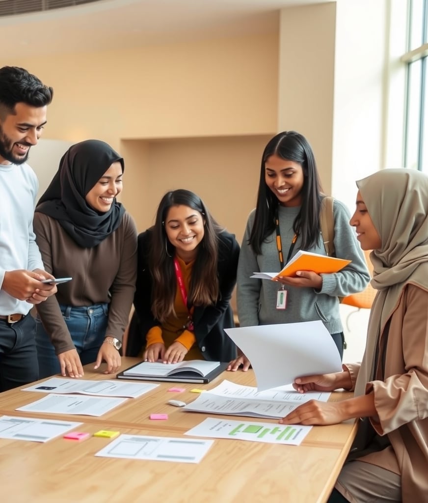 A group of students reviewing project work together around a table